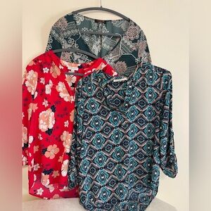 3/$24 💚 Set of 3 Office Work Mandarin Collar 3/4 Sleeve Graphic Blouses Tops